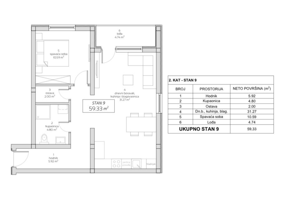 OSIJEK, TVRĐAVICA, dvosoban stan na 2.katu 59,33 m2 + PARKING, fotografija 4